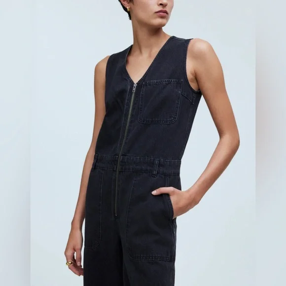 NWT Madewell Denim Zip-Front Sleeveless Jumpsuit in Tarrybrook Wash - 6 - Black - Picture 4 of 12
